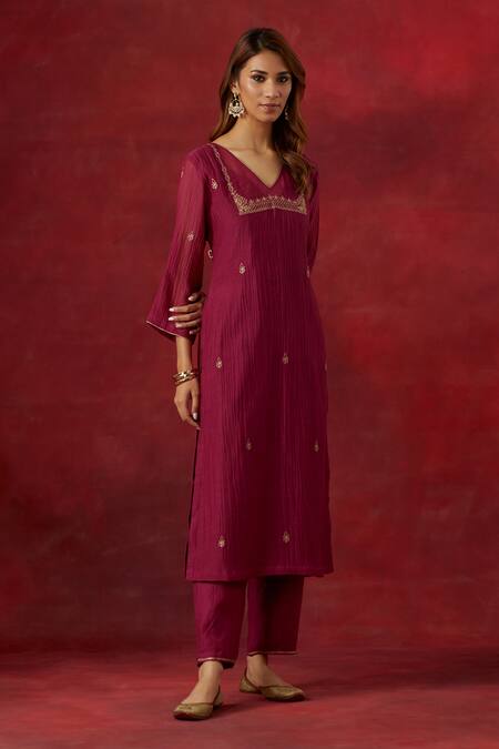 Buy Ikshita Choudhary Pink Chanderi, Cotton Embroidery V-neck Hand Kurta Pant Set Online at Aza Fashions Buy_Ikshita Choudhary_Pink Chanderi, Cotton Embroidery V-neck Hand Kurta Pant Set_Online_at_Aza_Fashions