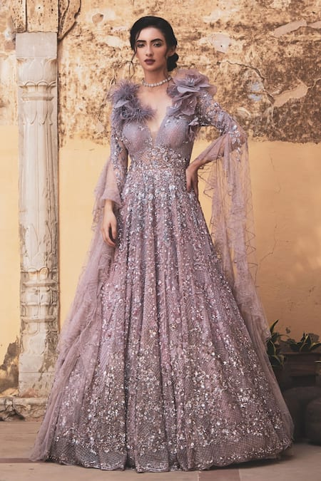 Presto Couture Pink Net Sequins, Beads Plunge Neck 3d Floral Applique Embroidered Gown 