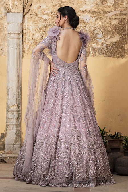 Shop Presto Couture Pink Net Sequins, Beads Plunge Neck 3d Floral Applique Embroidered Gown at Aza Fashions Shop_Presto Couture_Pink Net Sequins, Beads Plunge Neck 3d Floral Applique Embroidered Gown _at_Aza_Fashions