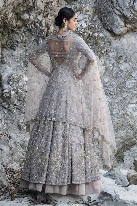 Shop Presto Couture Beige Net Sequins, Beads, Cut Work Scattered Embroidered Jacket Lehenga Set at Aza Fashions Shop_Presto Couture_Beige Net Sequins, Beads, Cut Work Scattered Embroidered Jacket Lehenga Set _at_Aza_Fashions