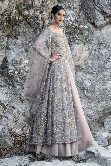 Presto Couture Beige Net Sequins, Beads, Cut Work Scattered Embroidered Jacket Lehenga Set Online at Aza Fashions Presto Couture_Beige Net Sequins, Beads, Cut Work Scattered Embroidered Jacket Lehenga Set _Online_at_Aza_Fashions