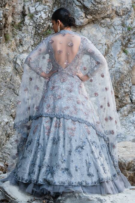 Shop Presto Couture Grey Net Sequins, Beads, Cut Work V-neck Cutdana Embroidered Jacket Lehenga Set at Aza Fashions Shop_Presto Couture_Grey Net Sequins, Beads, Cut Work V-neck Cutdana Embroidered Jacket Lehenga Set _at_Aza_Fashions