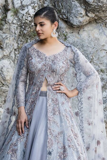 Presto Couture Grey Net Sequins, Beads, Cut Work V-neck Cutdana Embroidered Jacket Lehenga Set Online at Aza Fashions Presto Couture_Grey Net Sequins, Beads, Cut Work V-neck Cutdana Embroidered Jacket Lehenga Set _Online_at_Aza_Fashions