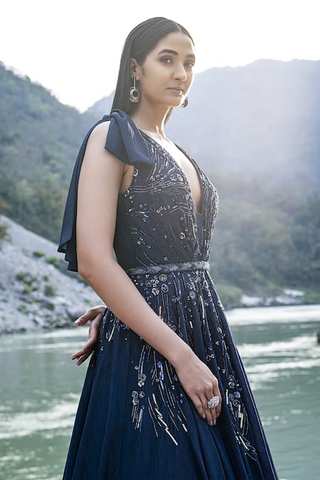 Shop Presto Couture Blue Chiffon Beads, Sequins, Cut Work V-neck Stripe Embroidered Gown at Aza Fashions Shop_Presto Couture_Blue Chiffon Beads, Sequins, Cut Work V-neck Stripe Embroidered Gown _at_Aza_Fashions