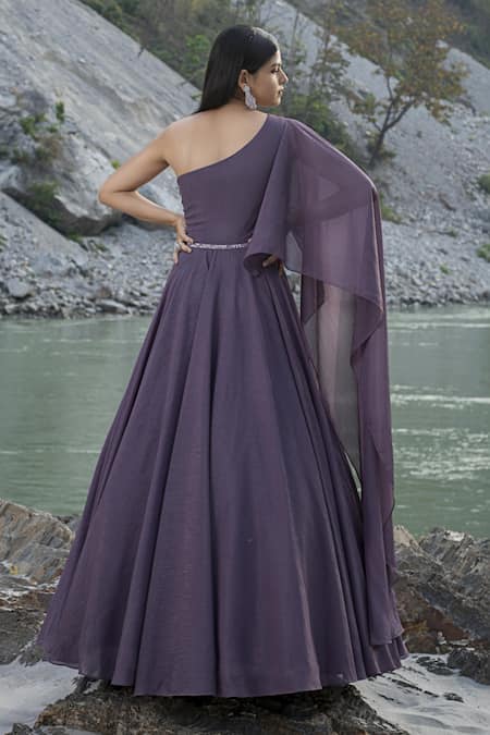 Shop Presto Couture Purple Chiffon Cut Work, Sequins Asymmetric Paisley Embroidered Gown at Aza Fashions Shop_Presto Couture_Purple Chiffon Cut Work, Sequins Asymmetric Paisley Embroidered Gown _at_Aza_Fashions