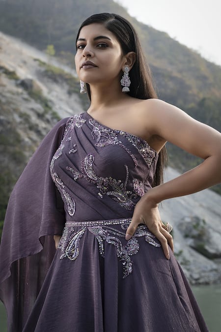 Presto Couture Purple Chiffon Cut Work, Sequins Asymmetric Paisley Embroidered Gown Online at Aza Fashions Presto Couture_Purple Chiffon Cut Work, Sequins Asymmetric Paisley Embroidered Gown _Online_at_Aza_Fashions