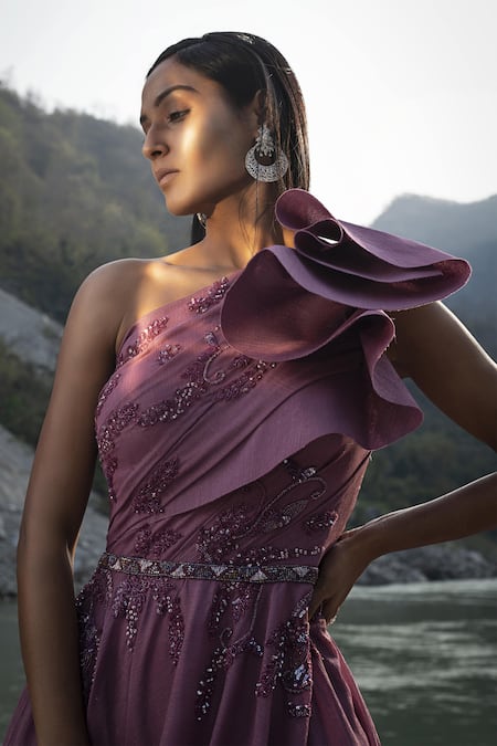 Presto Couture_Pink Chiffon Sequins, Beads, Cut Work One Shoulder Pleated Embroidered Gown _Online_at_Aza_Fashions