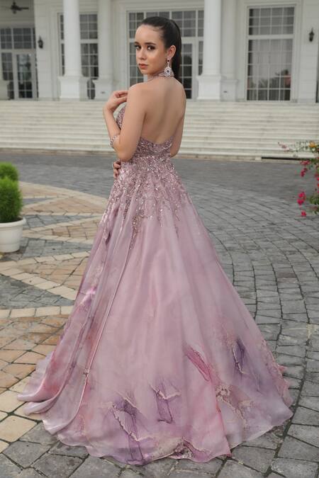 Buy_Presto Couture_Pink Silk Organza Sequins, Crystals Halter Neck Abstract Print Gown _Online_at_Aza_Fashions