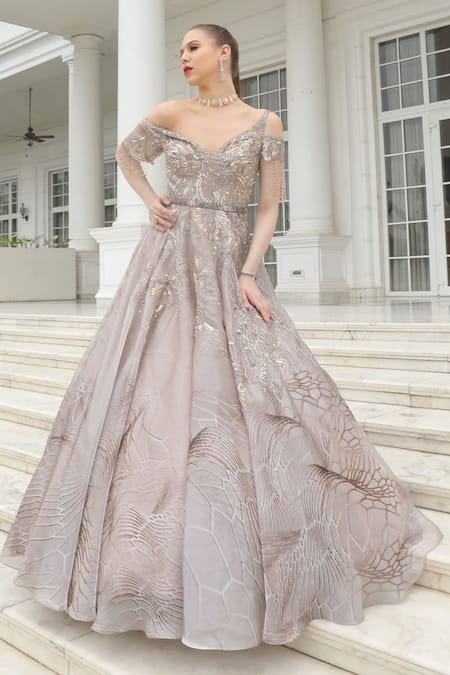 Presto Couture Grey Silk Organza Sequins, Beads Sweetheart Neck Crystal Embroidered Gown 