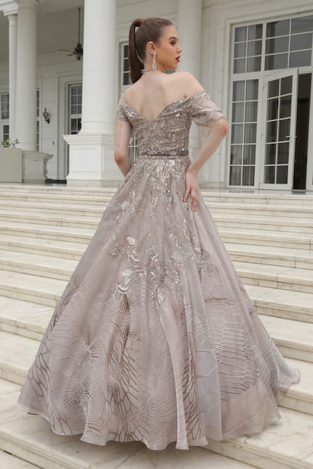 Presto Couture_Grey Silk Organza Sequins, Beads Sweetheart Neck Crystal Embroidered Gown _Online_at_Aza_Fashions