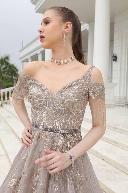 Buy_Presto Couture_Grey Silk Organza Sequins, Beads Sweetheart Neck Crystal Embroidered Gown _Online_at_Aza_Fashions