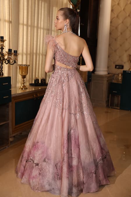Presto Couture_Pink Silk Organza Sequins, Beads, Feathers Asymmetric One Shoulder Printed Gown _Online_at_Aza_Fashions