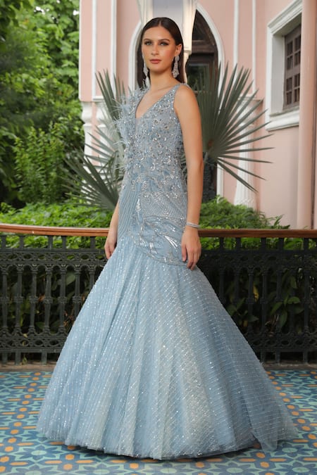 Buy_Presto Couture_Blue Net Beads, Sequins, Feathers V-neck Embroidered Fish Cut Gown _Online_at_Aza_Fashions