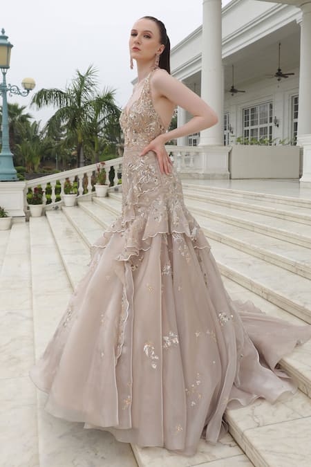 Buy_Presto Couture_Peach Net Sequins, Crystals, Embroidery Halter Neck Floral Fish Cut Gown _Online_at_Aza_Fashions