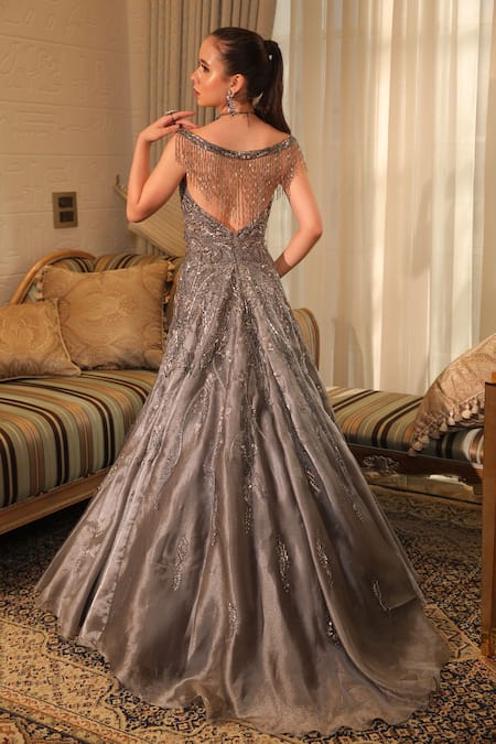 Presto Couture_Grey Tissue, Organza Sequins, Beads Off-shoulder Off Embroidered Gown _Online_at_Aza_Fashions