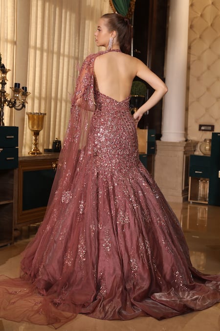 Presto Couture_Maroon Tissue, Organza Beads, Sequins Sweetheart Neck Metallic Embroidered Gown _Online_at_Aza_Fashions