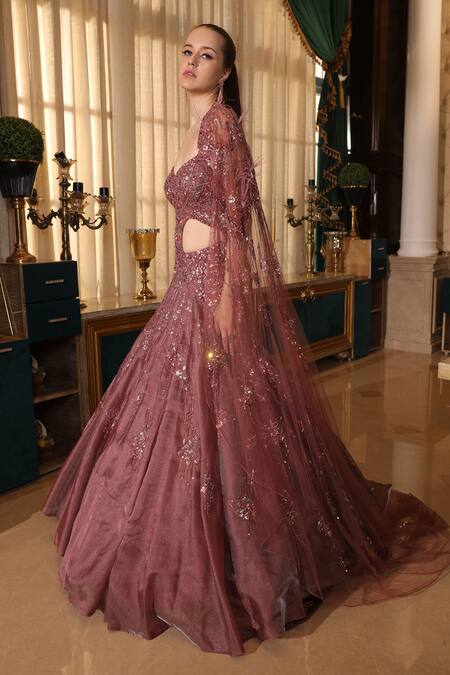 Shop_Presto Couture_Maroon Tissue, Organza Beads, Sequins Sweetheart Neck Metallic Embroidered Gown _Online_at_Aza_Fashions