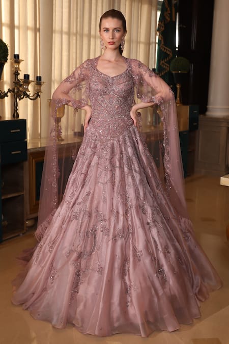 Presto Couture Pink Tissue, Organza Beads, Sequins Crystal Tassel Embroidered Gown With Cape 