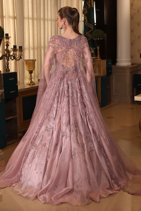 Presto Couture_Pink Tissue, Organza Beads, Sequins Crystal Tassel Embroidered Gown With Cape _Online_at_Aza_Fashions
