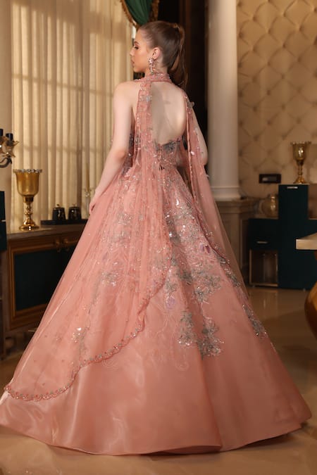Presto Couture 3D Floral Embroidered Gown With Cape 