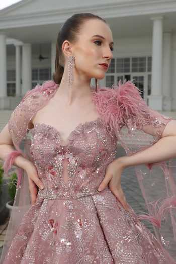 Buy_Presto Couture_Peach Organza Cut Work Sweetheart Neck Flower Embroidered Gown With Cape _Online_at_Aza_Fashions