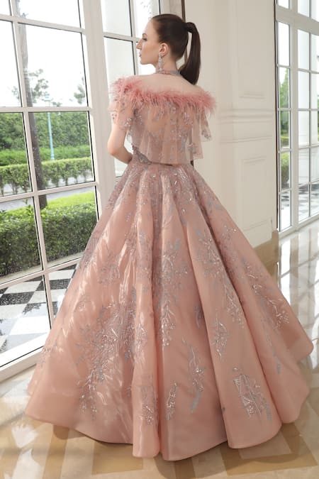 Presto Couture Botanical Embroidered Gown With Cape 