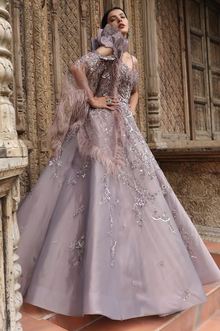 Buy_Presto Couture_Pink Tissue, Organza Beads Sweetheart Neck Embroidered Gown With Cape _Online_at_Aza_Fashions