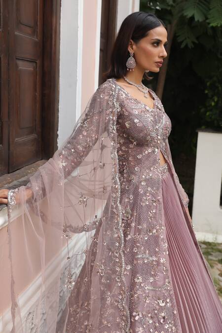 Presto Couture_Pink Satin, Organza Sequins, Cut Hand Embroidered Long Jacket Bridal Lehenga Set _Online_at_Aza_Fashions