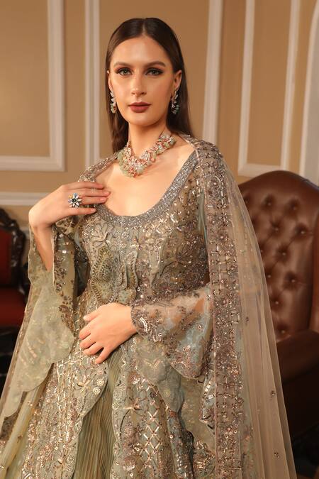 Presto Couture_Green Satin, Organza Sequins, Crystals, Hand Trail Jacket Bridal Lehenga Set _Online_at_Aza_Fashions