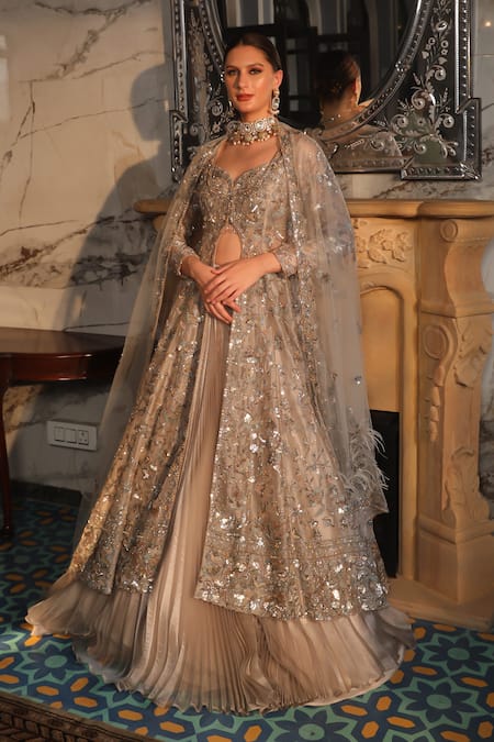 PRESTO COUTURE Gold Tissue Organza Hand Embroidery Sequins Jacket Floral Bridal Lehenga Set