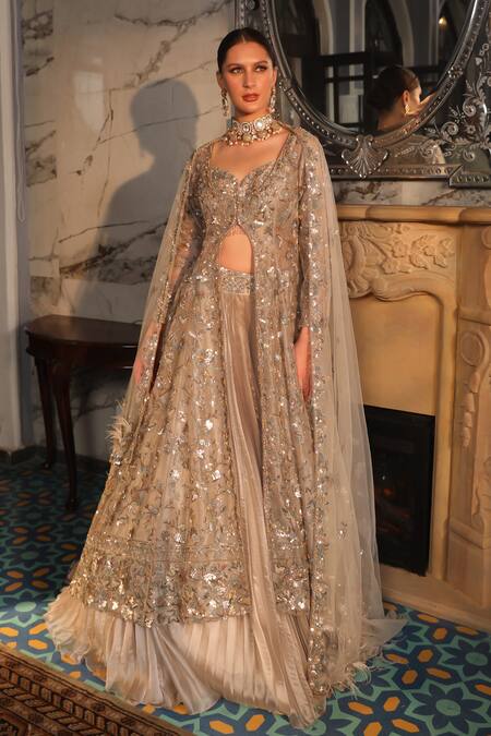 Buy_Presto Couture_Gold Organza, Tissue Sequins, Floral Hand Embroidered Jacket Bridal Lehenga Set _Online_at_Aza_Fashions