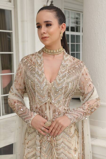 Buy_Presto Couture_Ivory Net Sequins, Crystals Shawl Diamond Hand Embroidered Kurta Sharara Set _Online_at_Aza_Fashions