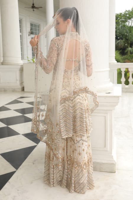Shop_Presto Couture_Ivory Net Sequins, Crystals Shawl Diamond Hand Embroidered Kurta Sharara Set _Online_at_Aza_Fashions