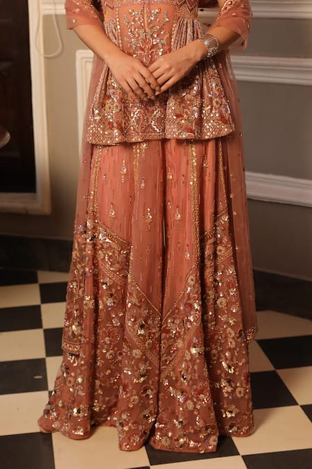 Buy_Presto Couture_Pink Net Sequins, Crystals, Beads Hand Embroidered Backless Kurta Sharara Set _Online_at_Aza_Fashions