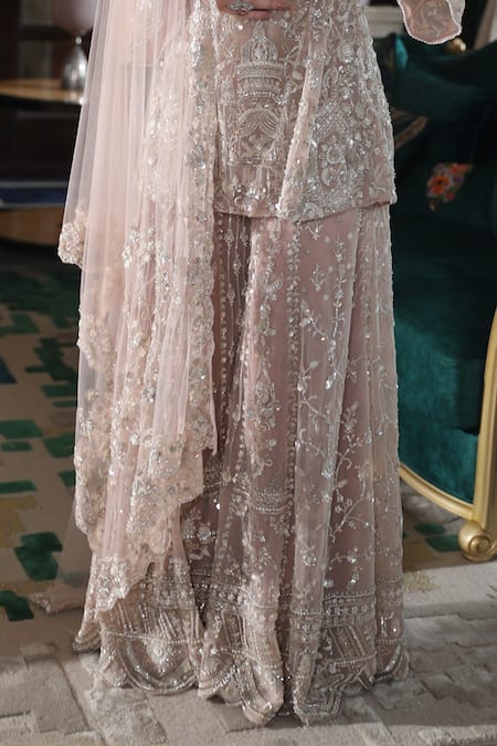 Presto Couture Pink Net Sequins, Crystals, Embroidery Polo Flower Hand Kurta Sharara Set Online at Aza Fashions Presto Couture_Pink Net Sequins, Crystals, Embroidery Polo Flower Hand Kurta Sharara Set _Online_at_Aza_Fashions