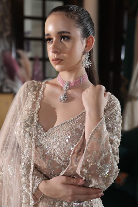 Buy_Presto Couture_Pink Net Sequins, Crystals, Embroidery Polo Flower Hand Kurta Sharara Set _Online_at_Aza_Fashions