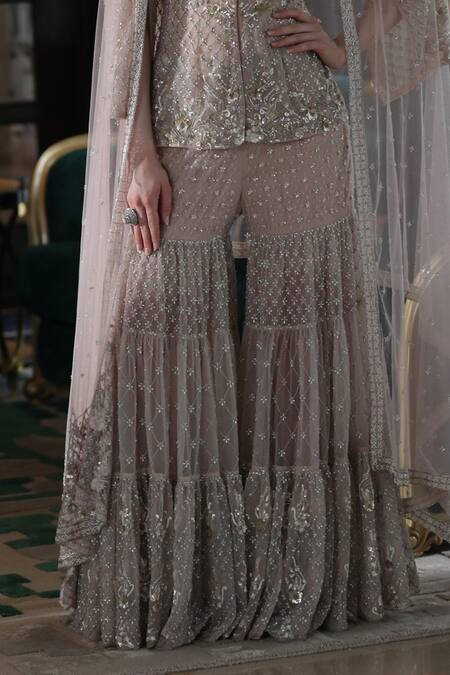 Buy Presto Couture Pink Net Sequins, Crystals Polo Collar Hand Embroidered Short Kurta Sharara Set Online at Aza Fashions Buy_Presto Couture_Pink Net Sequins, Crystals Polo Collar Hand Embroidered Short Kurta Sharara Set _Online_at_Aza_Fashions