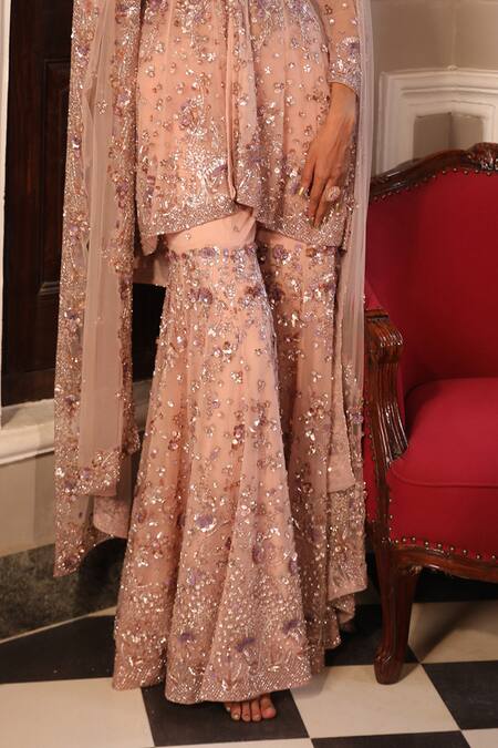 Buy_Presto Couture_Pink Net Sequins, Crystals V-neck Hand Embroidered Kurta Sharara Set _Online_at_Aza_Fashions