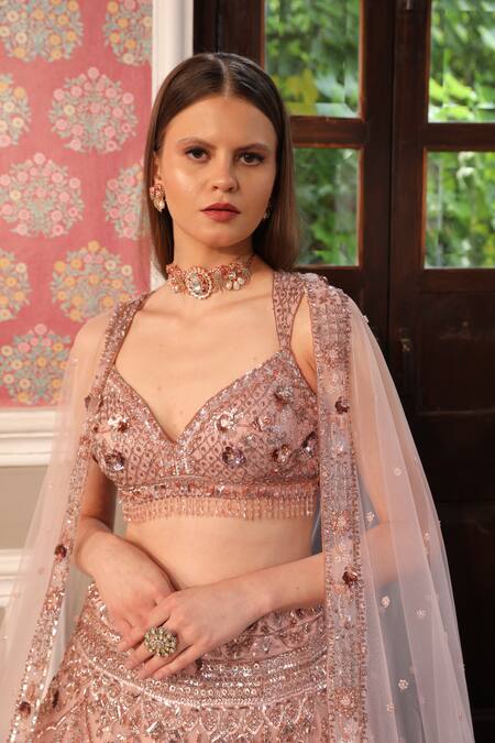Presto Couture_Pink Net Sequins, Crystals Floral Jharokha Hand Embroidered Bridal Lehenga Set _Online_at_Aza_Fashions