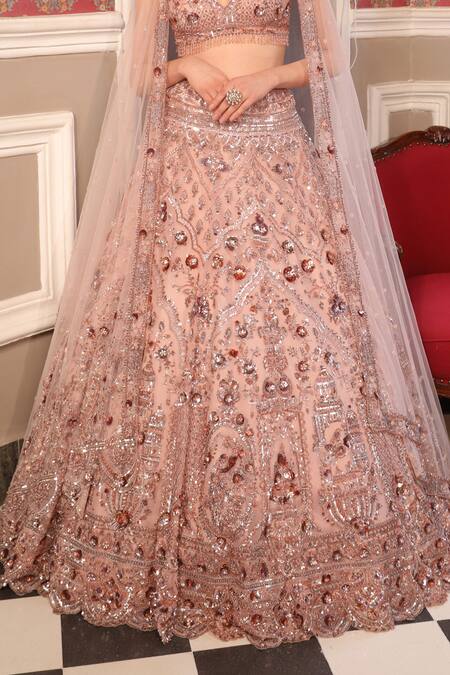 Buy Presto Couture Pink Net Sequins, Crystals Floral Jharokha Hand Embroidered Bridal Lehenga Set Online at Aza Fashions Buy_Presto Couture_Pink Net Sequins, Crystals Floral Jharokha Hand Embroidered Bridal Lehenga Set _Online_at_Aza_Fashions