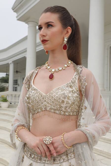 Buy_Presto Couture_Ivory Net Sequins, Crystals Mughal Artwork Hand Embroidered Bridal Lehenga Set _Online_at_Aza_Fashions