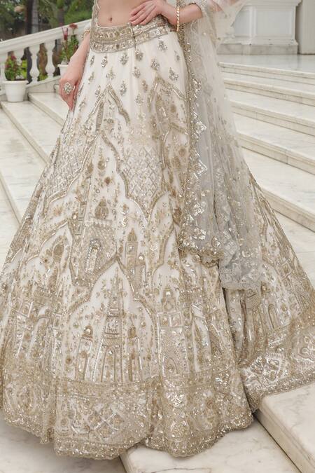 Shop_Presto Couture_Ivory Net Sequins, Crystals Mughal Artwork Hand Embroidered Bridal Lehenga Set _Online_at_Aza_Fashions