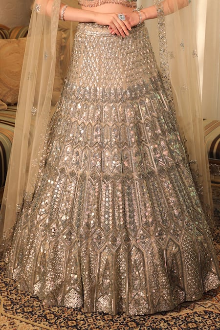 Presto Couture_Green Net Sequins, Symmetric Pattern Hand Embroidered Bridal Lehenga Set _Online_at_Aza_Fashions