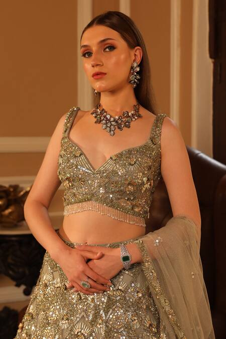 Presto Couture_Green Net Crystals, Sequins, Embroidery Flower Hand Bridal Lehenga Set _Online_at_Aza_Fashions