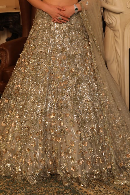 Buy_Presto Couture_Green Net Crystals, Sequins, Embroidery Flower Hand Bridal Lehenga Set _Online_at_Aza_Fashions