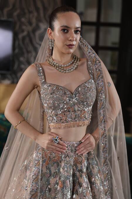 Buy_Presto Couture_Peach Tissue, Organza Sequins, Crystals Bridal Hand Embroidered Lehenga Set _Online_at_Aza_Fashions