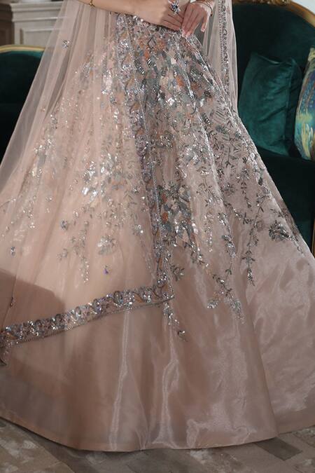 Shop Presto Couture Peach Tissue, Organza Sequins, Crystals Bridal Hand Embroidered Lehenga Set Online at Aza Fashions Shop_Presto Couture_Peach Tissue, Organza Sequins, Crystals Bridal Hand Embroidered Lehenga Set _Online_at_Aza_Fashions