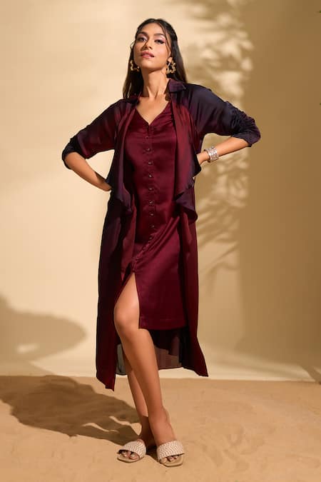 Whimsical By Shica x AZA Maroon Organza Satin Printed Stroke V Jacket Dress 