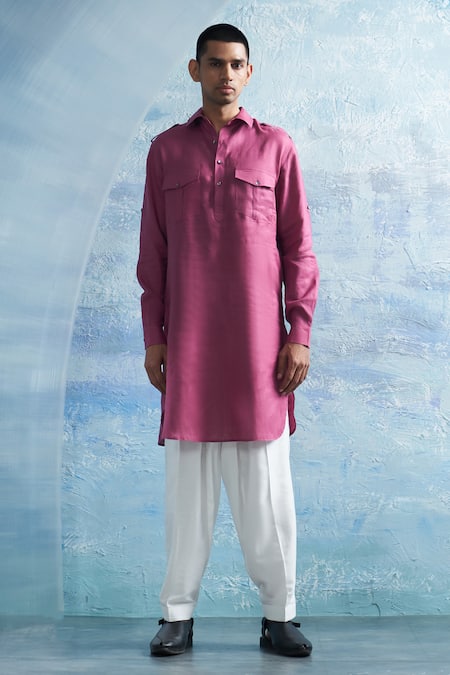 Charkhee_Pink Linen, Cotton Satin Grape Solid Pathani Kurta Set _Online_at_Aza_Fashions