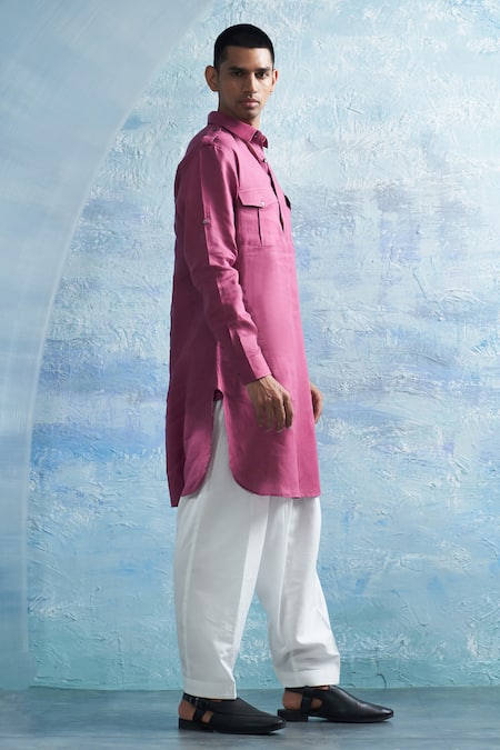 Buy_Charkhee_Pink Linen, Cotton Satin Grape Solid Pathani Kurta Set _Online_at_Aza_Fashions